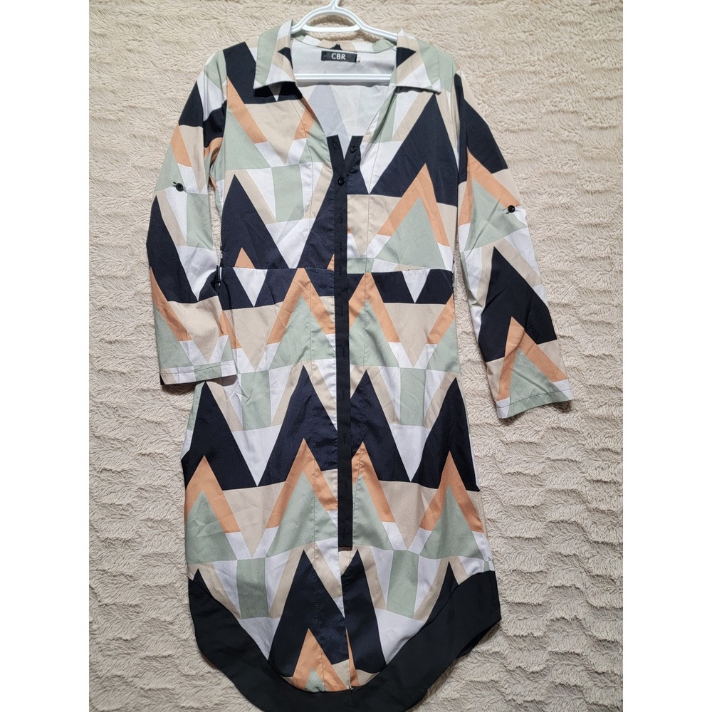CBR Womens Geometric Triangle Print Long Sleeve Shirt Dress Black Green Peach S